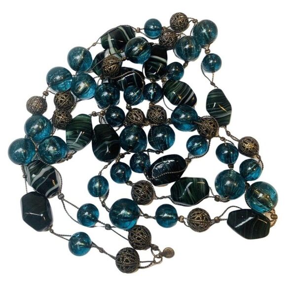 Liz Claiborne Women’s Green Glass Beaded Silver Tone Long Vintage Necklace 60’ - Picture 5 of 6